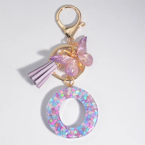 Light Blue - Fashion Tassel Butterfly 26Letter Keychain Colorful Love Heart Filled Resin Alphabet Keyring Women Girls Car Bag Phone Pendant By WTB