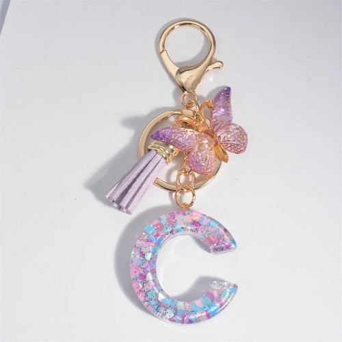 Green - Fashion Tassel Butterfly 26Letter Keychain Colorful Love Heart Filled Resin Alphabet Keyring Women Girls Car Bag Phone Pendant By WTB