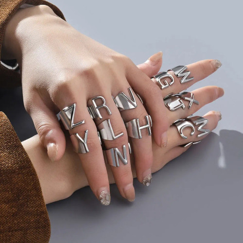 Metal Imitation Rhodium Plated, Ring Size: Resizable - Lavixmia Alphabet A-Z Letter Never Fade Stainless Steel Rings Women Jewelry Fashion Initial Ring Adjustable Size Birthday Gifts By WTB