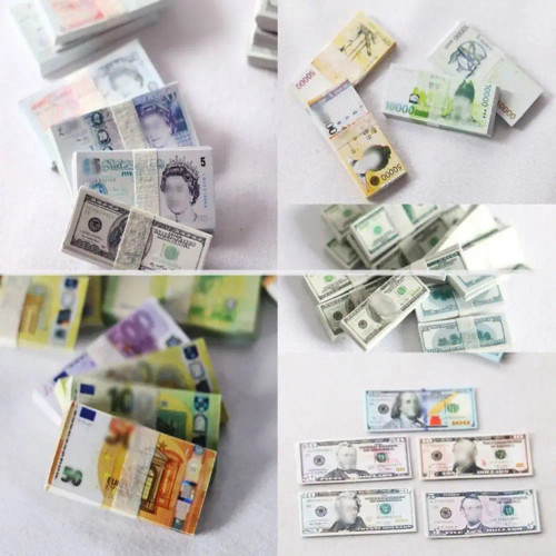 Navy Blue - 5 Bundles Paper Mini Dollars 5 Styles Doll Accessories Miniature Play Money Cute Banknotes Model 1/12 Dollhouse Decoration By WTB