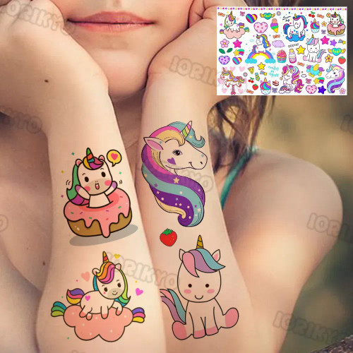 Transparent - Watercolor Kawaii Unicorn Temporary Tattoos For Kids Boys Girls Flower Tattoo Sticker Fake Cartoon Halloween Tatoos Neck Face By WTB