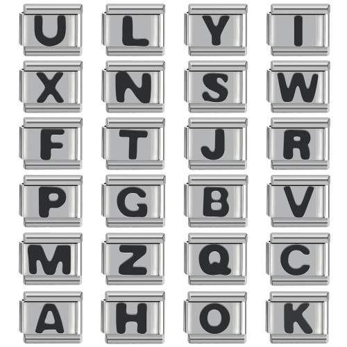 Metal Imitation Rhodium Plated - Black 26 Letter 9Mm Diy Italian Charm Stainless Steel Bracelet By WTB