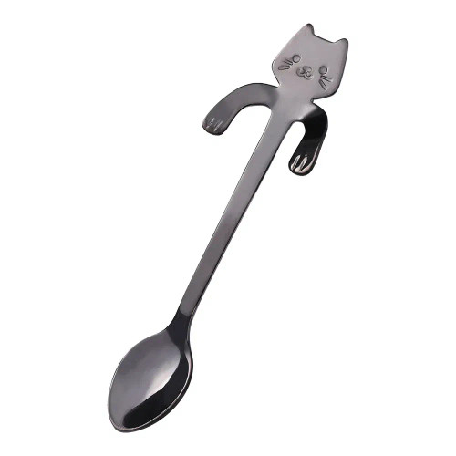 Black - Stainless Steel Coffee Spoon Lovely Cute Cat Shape Teaspoon Dessert Snack Scoop Ice Cream Mini Spoons Tableware Kitchen Tools By WTB