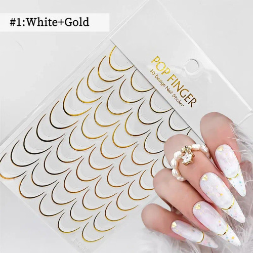 Blue - White French 3D Nail Stickers Manicure Gradient Line Flower Nail Art Designs Self-Adhesive Nail Tips Guides For Diy Decoration By WTB