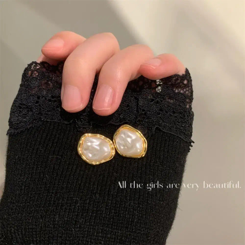 Metal Gold-Color - Geometric Irregular Round Metal Pearl Earrings For Women 2024 Minimalist Style Personality Earrings Trendy Jewelry Gift By WTB