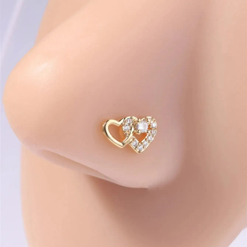 Metal Gold-Color - 20G L Shaped Nose Studs Rings Cute Heart Shiny Cz Love Stone Gold Silver Color Nose Piercing For Women Girl Nostril Jewelry By WTB
