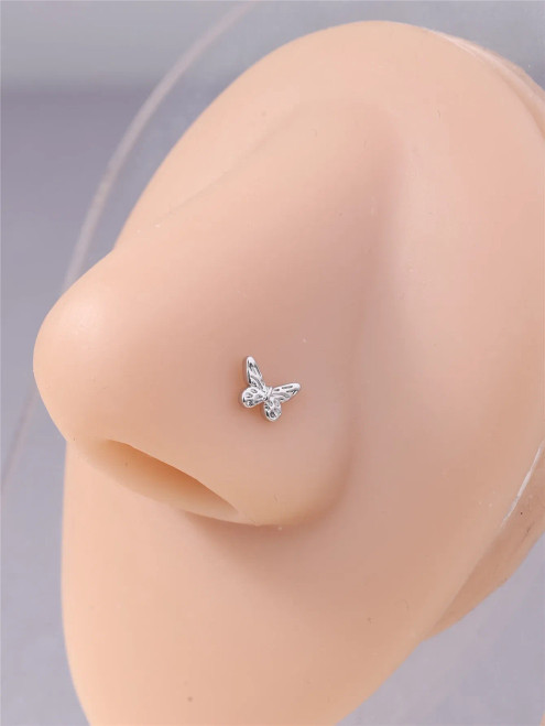 Metal Silver - 20G L Shaped Nose Studs Simple Mini Butterfly Design Gold Silver Color Nose Piercing For Women Girl Nostril Jewelry By WTB