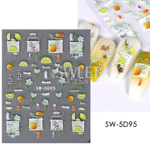 Black - 5D Embossed Nail Art Sticker Vintage Flowers Petals Metallic Lines Lemon Wedding Engraved Decals Summer Manicure Sliders Jisw-5D By WTB