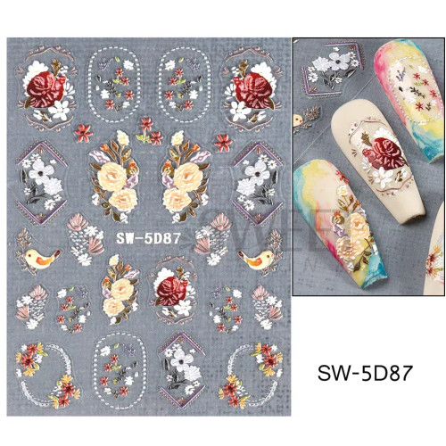 Green - 5D Embossed Nail Art Sticker Vintage Flowers Petals Metallic Lines Lemon Wedding Engraved Decals Summer Manicure Sliders Jisw-5D By WTB