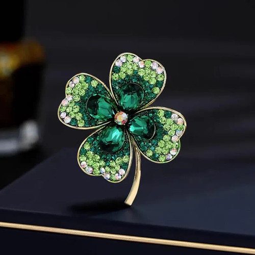 Metal Light Yellow Gold Color - Korean Style High-End Crystal Glass Fashion Brooch Alloy Four-Leaf Clover Pin Clothing Accessories Brooch Women By WTB