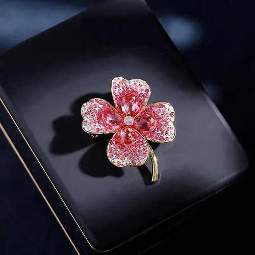 Metal Rhodium Plated - Korean Style High-End Crystal Glass Fashion Brooch Alloy Four-Leaf Clover Pin Clothing Accessories Brooch Women By WTB