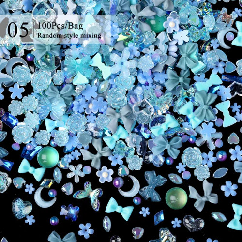 Dark Khaki - 1Bag Mix Colorful Jelly Clear Ribbon Bowknot Nail Charms Pearl Pink Heart Flower Flat-Back Gem Part Nail Art Manicure Decoration By WTB