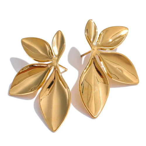 Metal Light Yellow Gold Color - 1 Pair 3.5?Â2.2Cm Leaves Stud Earrings Fashion Anti Allergy Flower Stud Earrings Texture Waterproof Stainless Steel Stud Earrings By WTB