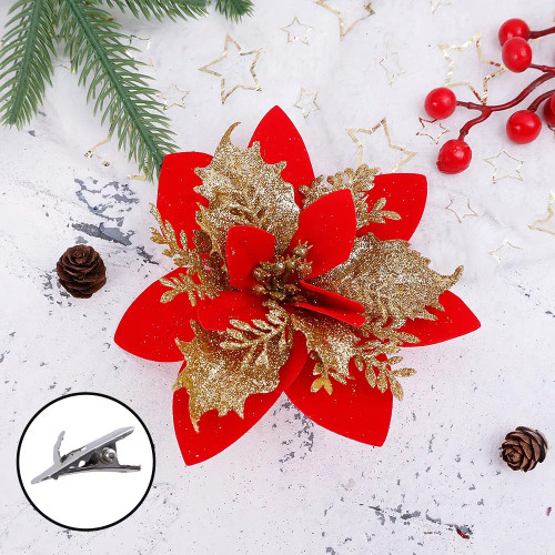 Brown - Glitter Artificial Christmas Flowers Fabric Fake Flower Xmas Tree Ornaments Festival Christmas Wedding Party Home Decor Supplies By WTB