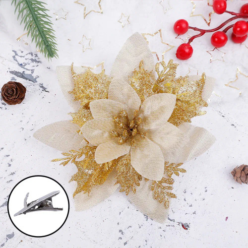 Purple - Glitter Artificial Christmas Flowers Fabric Fake Flower Xmas Tree Ornaments Festival Christmas Wedding Party Home Decor Supplies By WTB