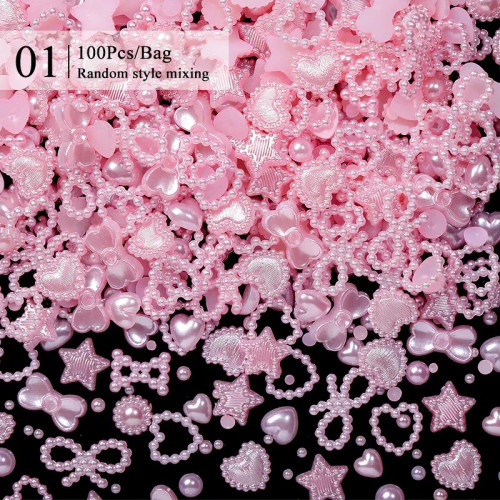 Burgundy - 50/100/200Pcs Pearl Pink Bowknot Heart Shaped Nail Charms For Art Flatback 3D Flower Beads Diy Nail Decorations Bulk Accessories By WTB