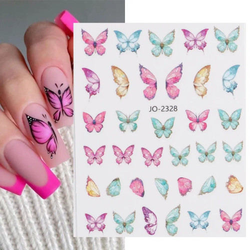 Light Green - 3D Blue Butterfly Adhesive Stickers Nail Art Decoration Laser Flowers Leaves Nail Sticker Nail Art Supplies Nail Parts By WTB