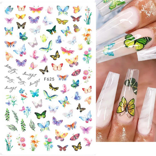 Green - 3D Blue Butterfly Adhesive Stickers Nail Art Decoration Laser Flowers Leaves Nail Sticker Nail Art Supplies Nail Parts By WTB