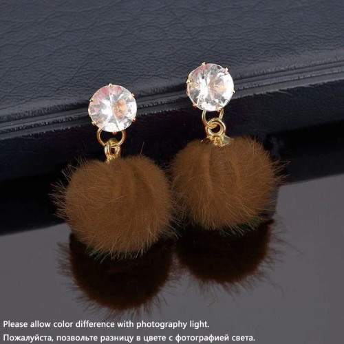 Metal Hot Stamping - New Artificial Hair Dangle Earrings For Women Crystal Top Short Small Fluffy Ball Earrings Boho Fashion Jewelry Brincos Bijoux By WTB