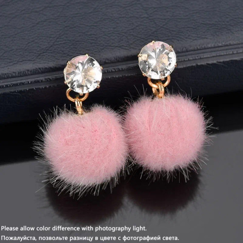 Metal Reddish Brown - New Artificial Hair Dangle Earrings For Women Crystal Top Short Small Fluffy Ball Earrings Boho Fashion Jewelry Brincos Bijoux By WTB
