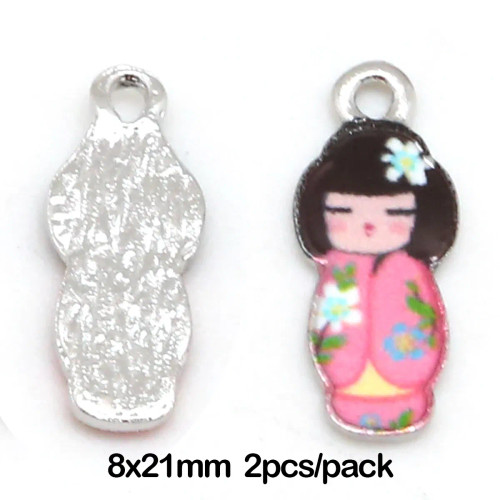 Metal Brown - New Arrival Necklace Pendant Japanese Doll Enamel Charms 2-4Pcs 8X21Mm Electroplating Plated Rhodium Used For Jewelry Accessory By WTB