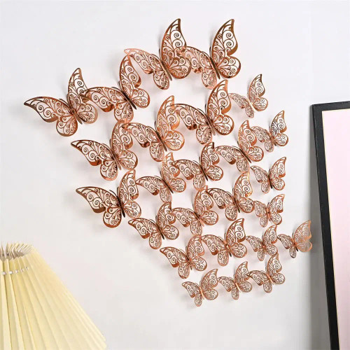 Light Yellow - 12 Pieces 3D Hollow Butterfly Wall Sticker Bedroom Living Room Home Decoration Paper Butterfly By WTB