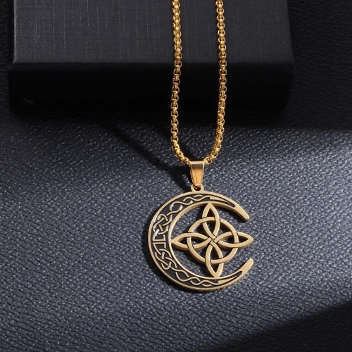 Metal Gold-Color - Vintage Witch Knot Necklace Stainless Steel Magic Knot Pagan Wicca Symbol Pendant For Men Women Celtic Knot Jewelry Gifts By WTB