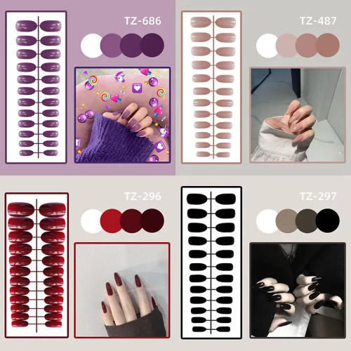 Pink - 24Pcs/Set Long Round Head Bright Solid Color Press On Acrylic Nail Art Fake Nails Finished Wearing Manicure Reusable False Nails By WTB