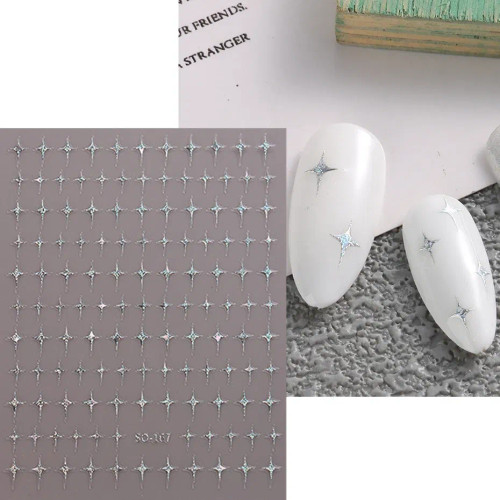 Red - Sliver Stars Nails Stickers 3D Bronzing Laser White Cross Starlight Glossychic Y2K Stylish Adhesive Manicure Decorations So-167 By WTB
