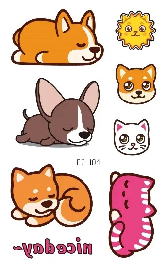 Light Green - Cartoon Animal Waterproof Temporary Tattoo Cute Pet Cats And Dogs Tattoo Stickers Children Boy Girl Fake Body Art Flash Tatoo By WTB