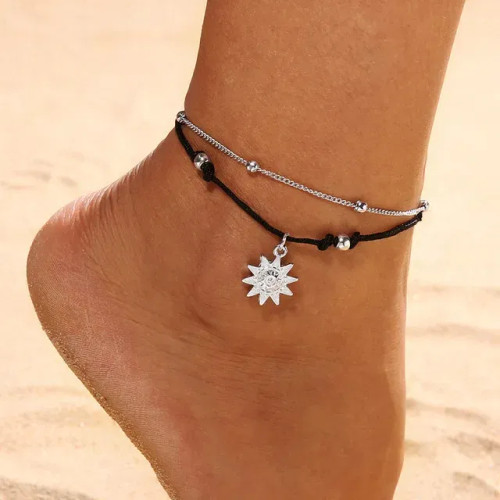 Metal Light Yellow Gold Color - S014 Vintage Boho Multi Layer Beads Anklets For Women Fashion Sun Pendent Anklet Handmade Chain Foot Party Jewelry Leg Bracelet By WTB