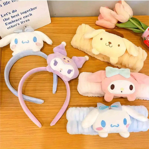 Maroon - Sanrio Soft Plush Makeup Hairband Cute Kuromi Cinnamoroll Melody Design Wash Face Makeup Non Slip Elastic Hair Accessories By WTB