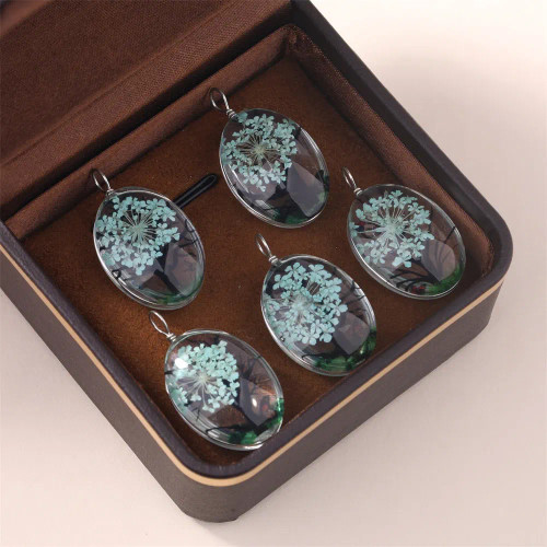 Metal Blue - 5Pcs Time Gemstone Starry Dried Flower Pendant Round Dried Flower Glass Pendant Diy Necklace Pendant Jewelry Accessories By WTB