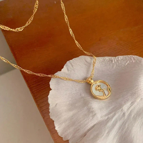 Metal Gold-Color - New Irregular Round Shell Metal Rose Pendant Stainless Steel Necklace For Women'S Vintage Clavicle Chain Party Luxury Jewelry By WTB