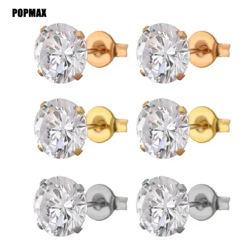 Metal Silver Plated, Main Stone Blue - Popmax 1Pairs/2Pcs Stainless Steel Crystal Studs Earrings For Women Men 4 Prong Tragus Round Clear Cubic Zirconia Ear Jewelry By WTB
