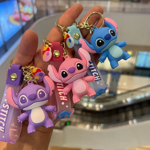 Blue - Cartoon Disney Lilo & Stitch Silicone Pendant Keychain For Women Men Fans Lovely Pink Blue Purple Stitch Angel Keyring Gifts By WTB