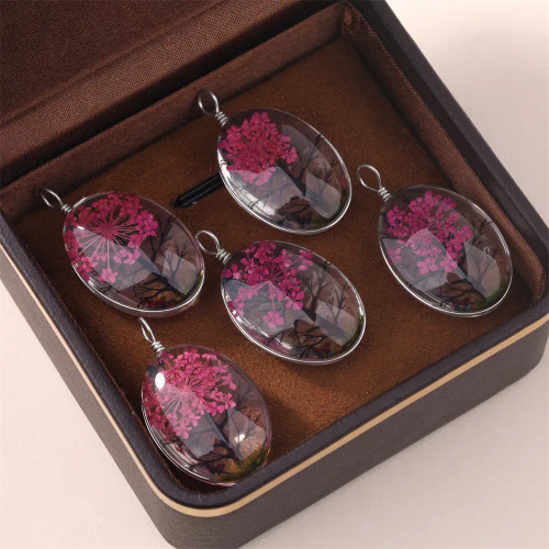 Metal Red - 5Pcs Time Gemstone Starry Dried Flower Pendant Round Dried Flower Glass Pendant Diy Necklace Pendant Jewelry Accessories By WTB