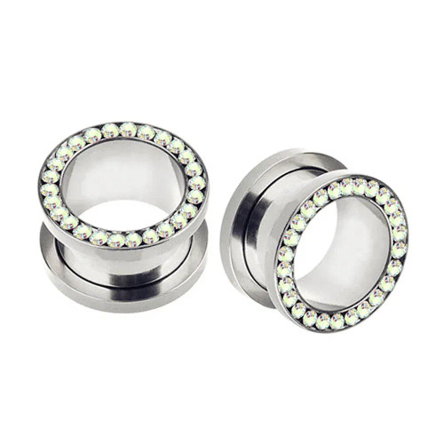 Metal Silver Plated, Main Stone Gray - 2Pc Steel Multicolour Crystal Ear Plug Flesh Tunnel 8G ( 3Mm ) - 1" ( 25Mm ) Gauge Expander Stretcher Screw Fit By WTB