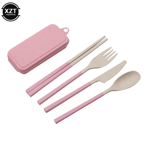 Pink - Wheat Straw Portable Spoon Fork Knife Chopsticks Cutlery Set With Box Foldable Removable For Outdoor Travel Picnic Tableware By WTB