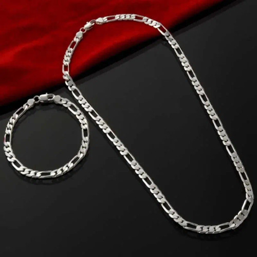Gem Green, Length: 70Cm - 925 Sterling Silver 4Mm 16-30 Inches Figaro Chain Bracelet Necklace For Man Woman Fashion Couple Christmas Gift Jewelry Set 2Pcs By WTB