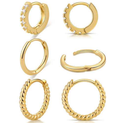 Metal Pure Gold Color - Vonmoos New Women 3 Pairs Small Earrings Lady Classic 14K Gold Hoop Fashion Tiny Huggie Hoop Earrings Set Hypoallergenic Earring By WTB