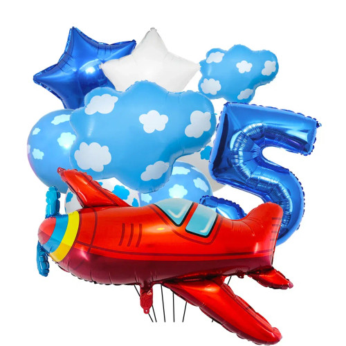 Light Grey - Airplane Balloon Set For Birthday Party Decoration 32Inch Blue Number Balloon Cloud Balloon Plane Party Supplies By WTB