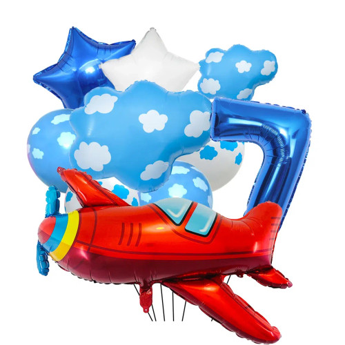 Light Yellow - Airplane Balloon Set For Birthday Party Decoration 32Inch Blue Number Balloon Cloud Balloon Plane Party Supplies By WTB