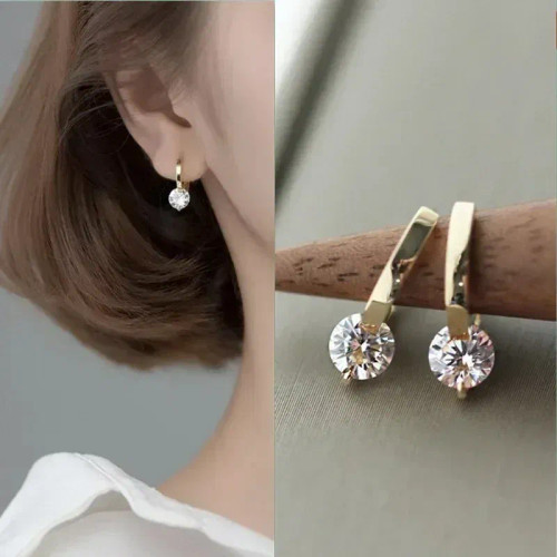 Metal Light Yellow Gold Color - 2024 New Fashion Gold Color Round Zircon Simple Drop Dangle Earrings For Women Charm Korean Hoop Jewelry Wedding Birthday Gift By WTB