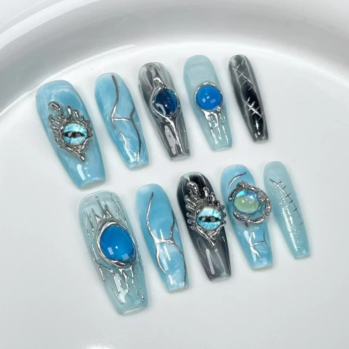 Mauve - 10Pcs Blue Handmade Butterfly Press On Nails Long False Nails Decoration With Rhinestones French Wearable Fake Nails Tips Art By WTB