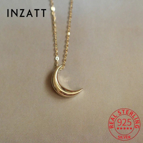 Gem Black, Metal Light Yellow Gold Color - Inzatt Real 925 Sterling Silver Moon 14K Gold Choker Necklace For Women Minimalist Fine Jewelry Cute Accessories Drop Shipping By WTB