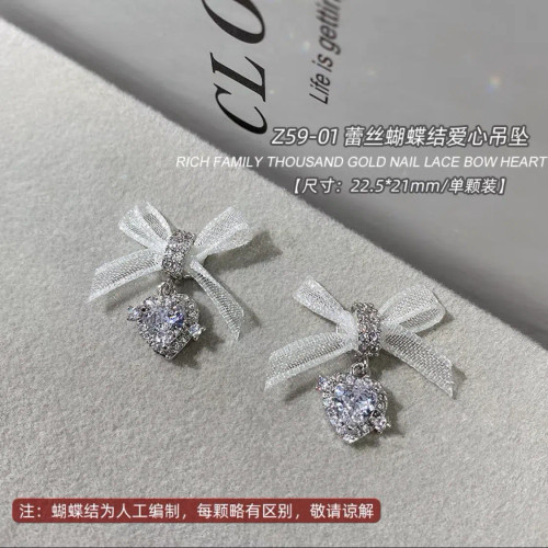 Ivory - 5Pcs New Metal Zircon Nail Art Accessories With Lace Bow Love Zircon Pendant Nail Charms Nail Supplies For Professionals By WTB