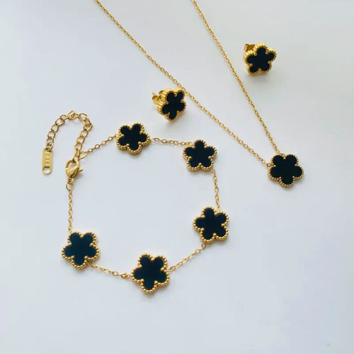 Metal Pure Gold Color - 3Pcs/Set Stainless Steel Flower Jewelry Set Gifts Luxury Modern Fashion Charm Necklace Earrings Bracelet Set Jewelry For Women By WTB