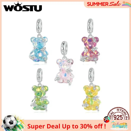 Gem Black - Wostu Real 925 Sterling Silver Princess Pink Bear Bead Blue Rose Red Bears Pendant Charms Fit Bracelet Neckalce Diy Bithday Gift By WTB