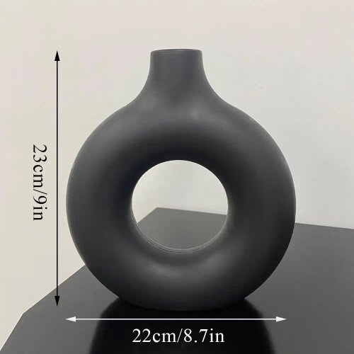 Red - 1Pcs Plastic Flat Minimalist Vase Wedding Decoration Donut Shape Flower Vase Oval Hollow Black Vases Fashion Home Living Room By WTB